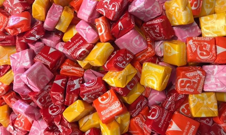 A cluster of chewy Starburst candies 
