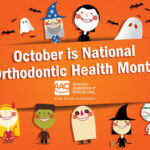 Poster with Halloween characters in braces stating that October is National Orthodontic Health Month.